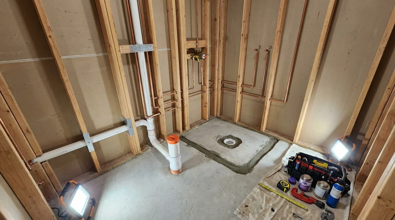 Bathroom rough-in plumbing during remodel by Johns Plumbing LLC in Heavener