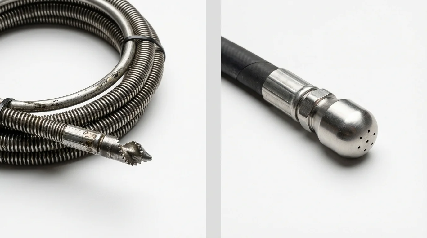 Drain snake cable and hydro jetting nozzle used for drain cleaning in Heavener, OK