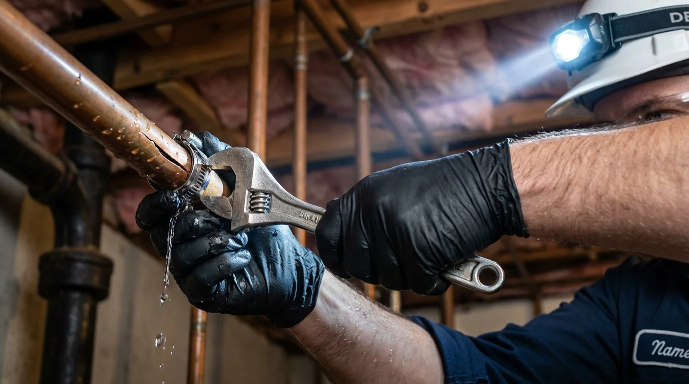 Emergency pipe clamp repair being performed by a Johns Plumbing LLC plumber in Heavener