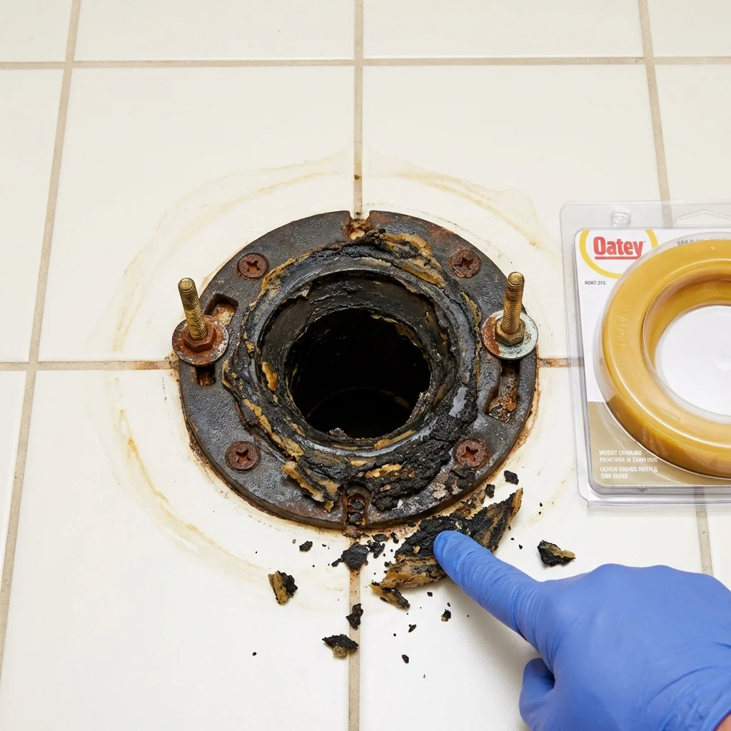 Failed wax ring showing water seepage at the base of a toilet in a Heavener, OK home