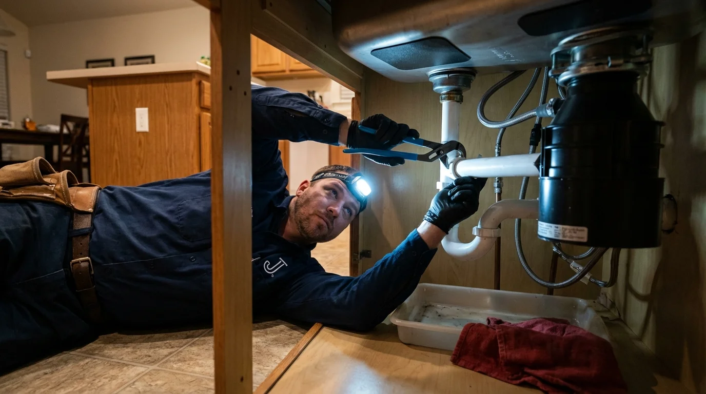 P-trap and supply line connections under a kitchen sink showing a common leak point in Heavener, OK